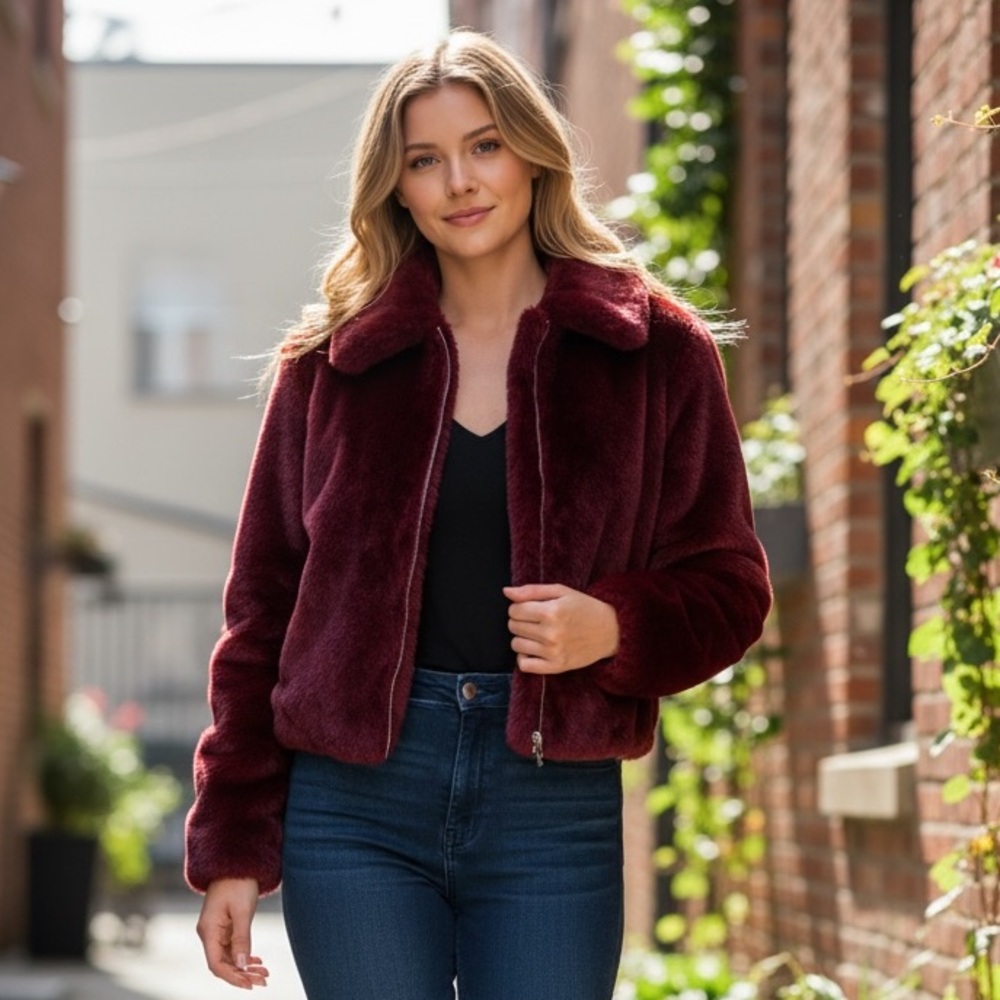 NWT Christian Siriano Burgundy Faux Fur  Bomber Jacket Zip Front Plush Coat M